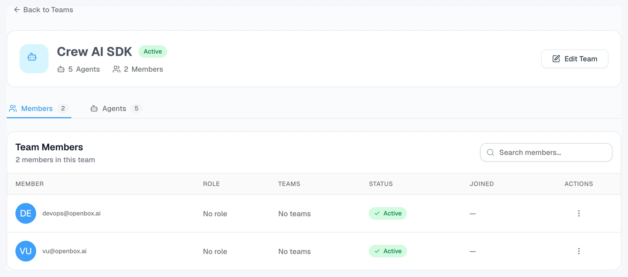 Team detail page on the Members tab